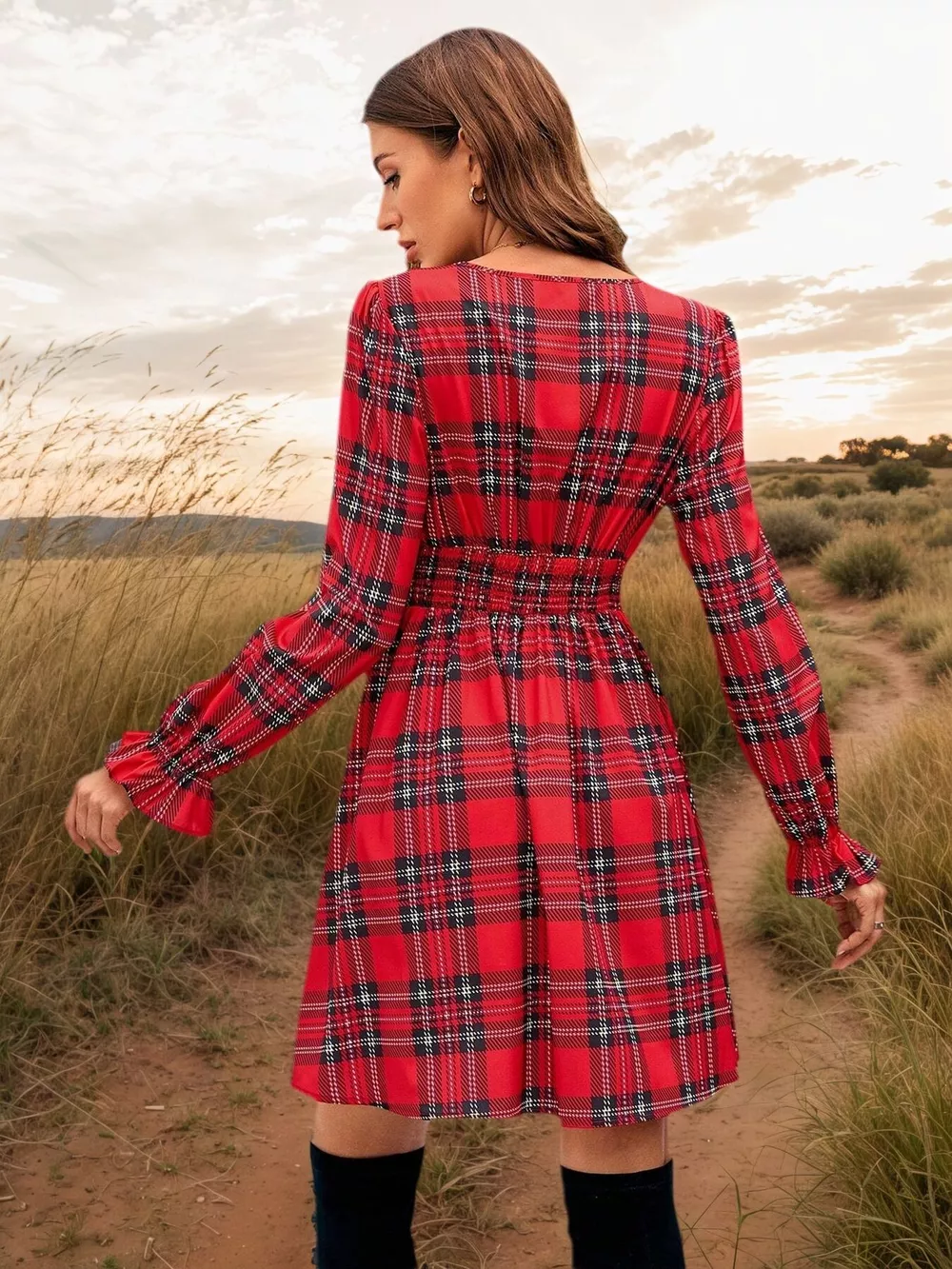 Plaid V-Neck Tie Front Mini Dress, image 6
