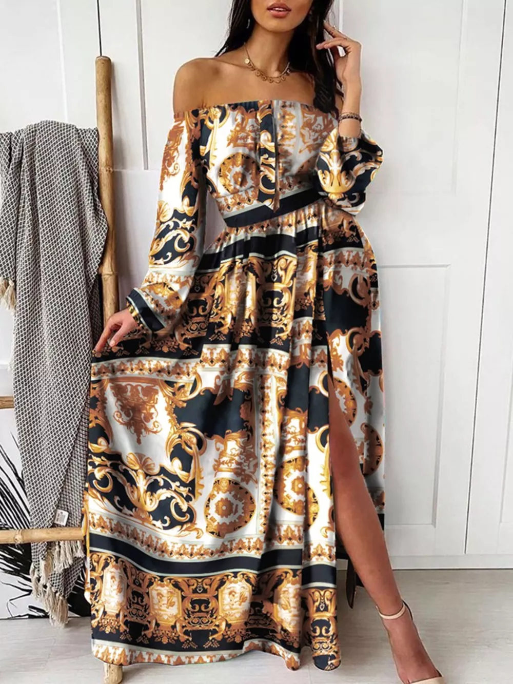 Slit Printed Off Shoulder Maxi Dress, image 5