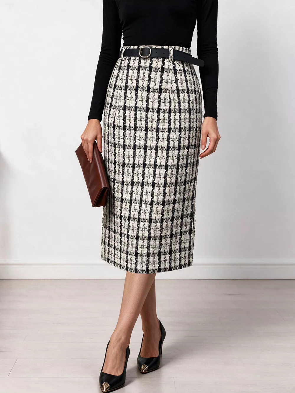 High-Waisted Tweed Plaid Midi Skirt, image 5
