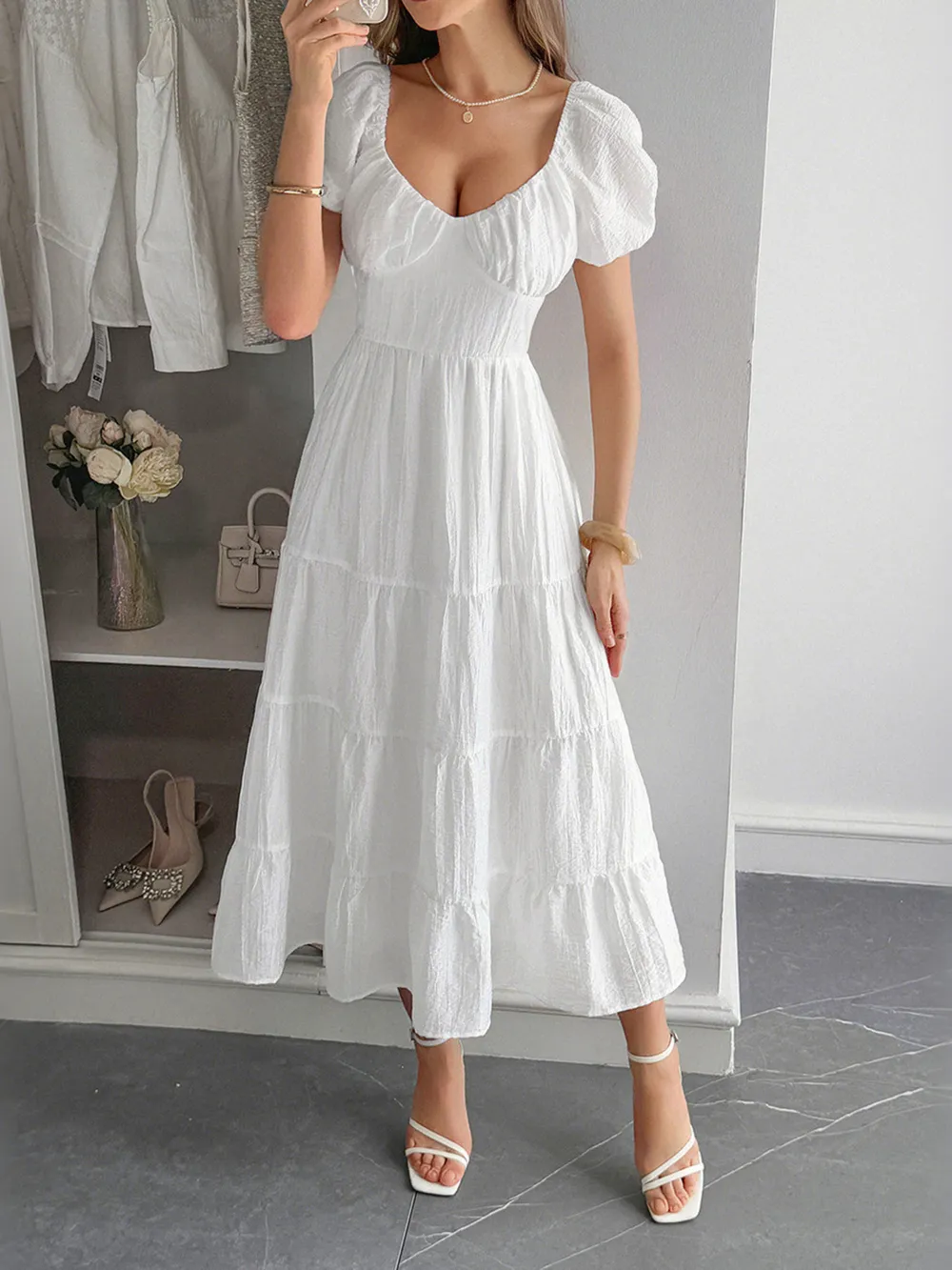 V-Neck Short Sleeve Midi Dress, image 3