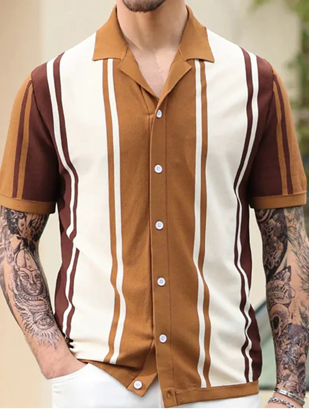 Men's Plus Size Striped Button Up Polo Shirt