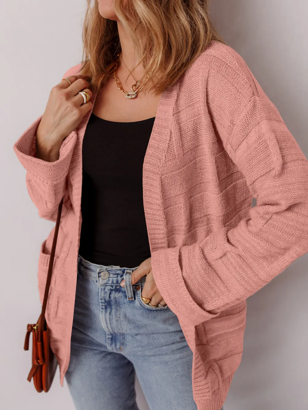 Textured Knit Open Front Cardigan with Pockets, image 11