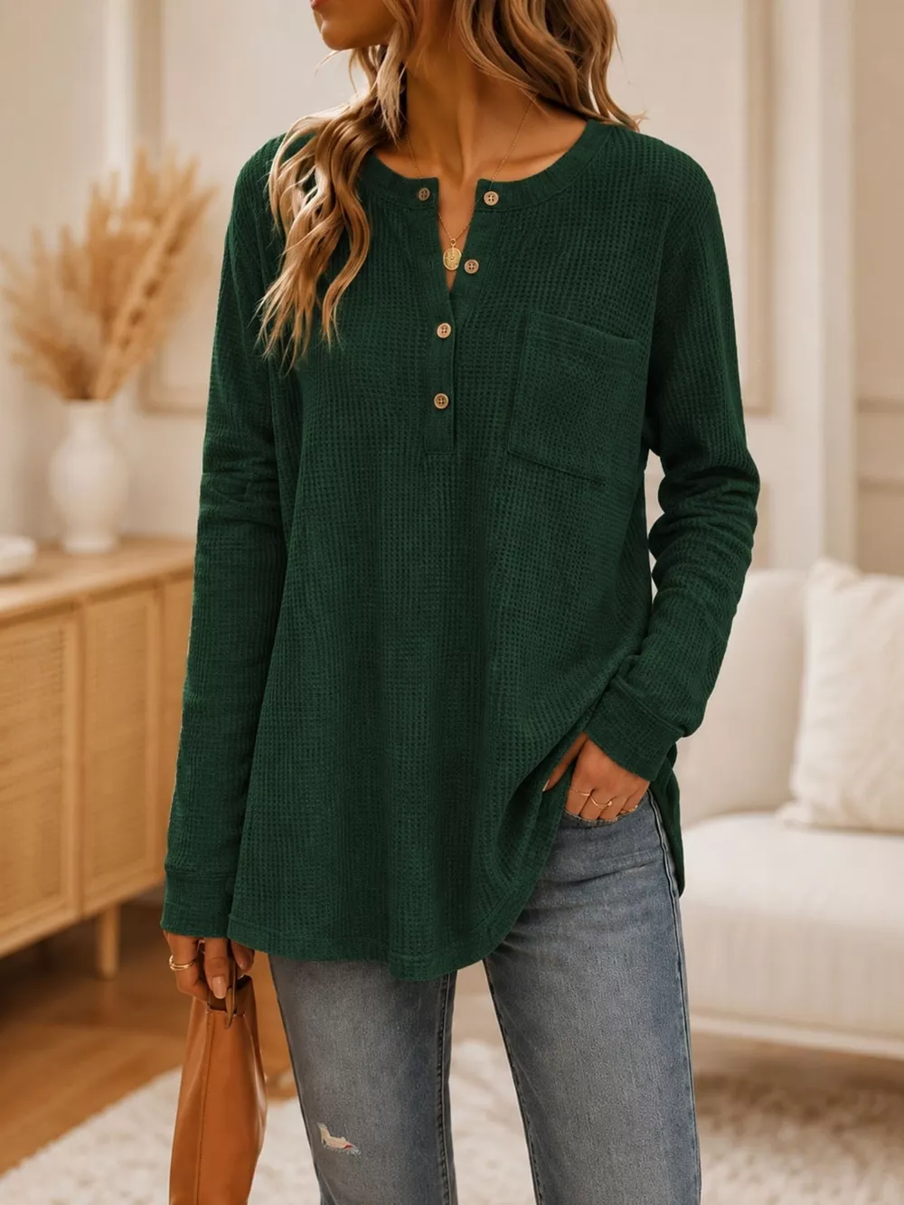 Waffle Knit Button Detail Top, image 8