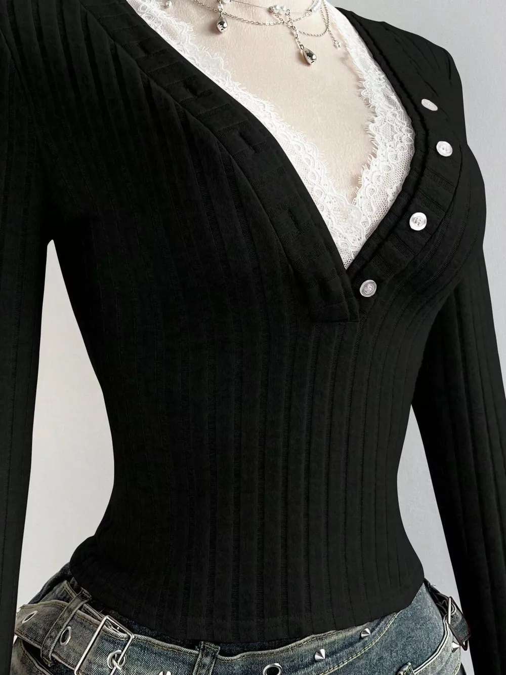 V-Neck Lace Trim Ribbed Knit T-Shirt, image 8