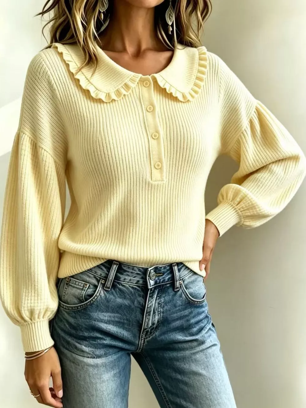 Full Size Ruffle Collar Button Detail Sweater Plus Size, image 6