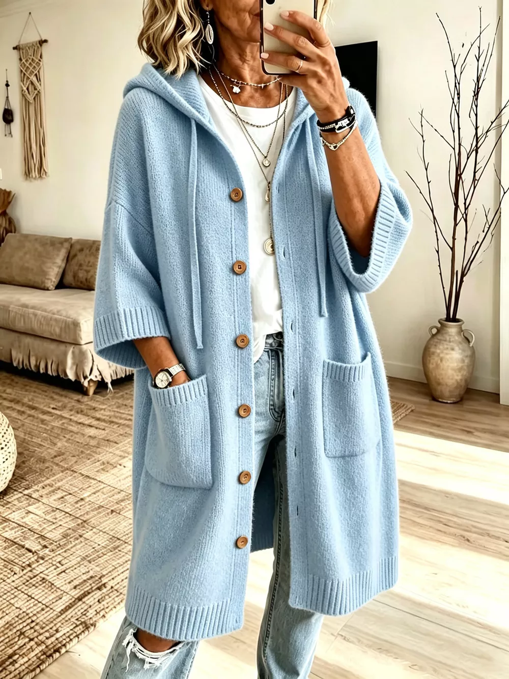 Hooded Button-Down Knit Cardigan with Pockets, image 7