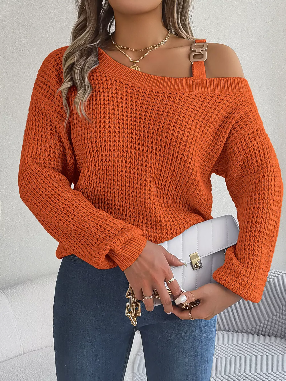 Asymmetrical Neck Long Sleeve Sweater, image 13