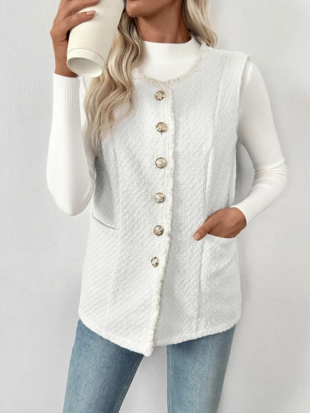 Textured Button-Front Vest with Raw Edge, image 3