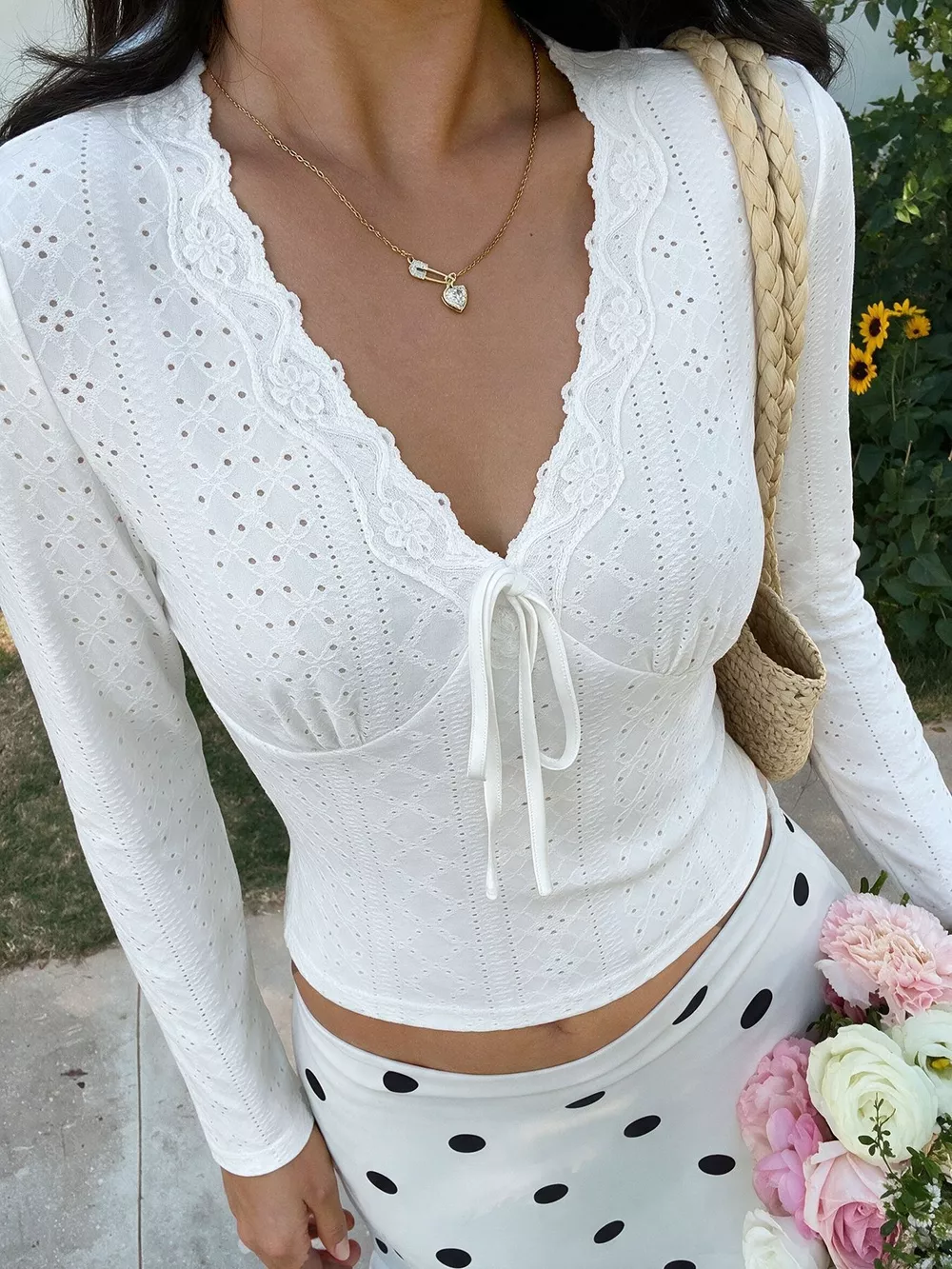 Eyelet V-Neck Long Sleeve T-Shirt, image 3