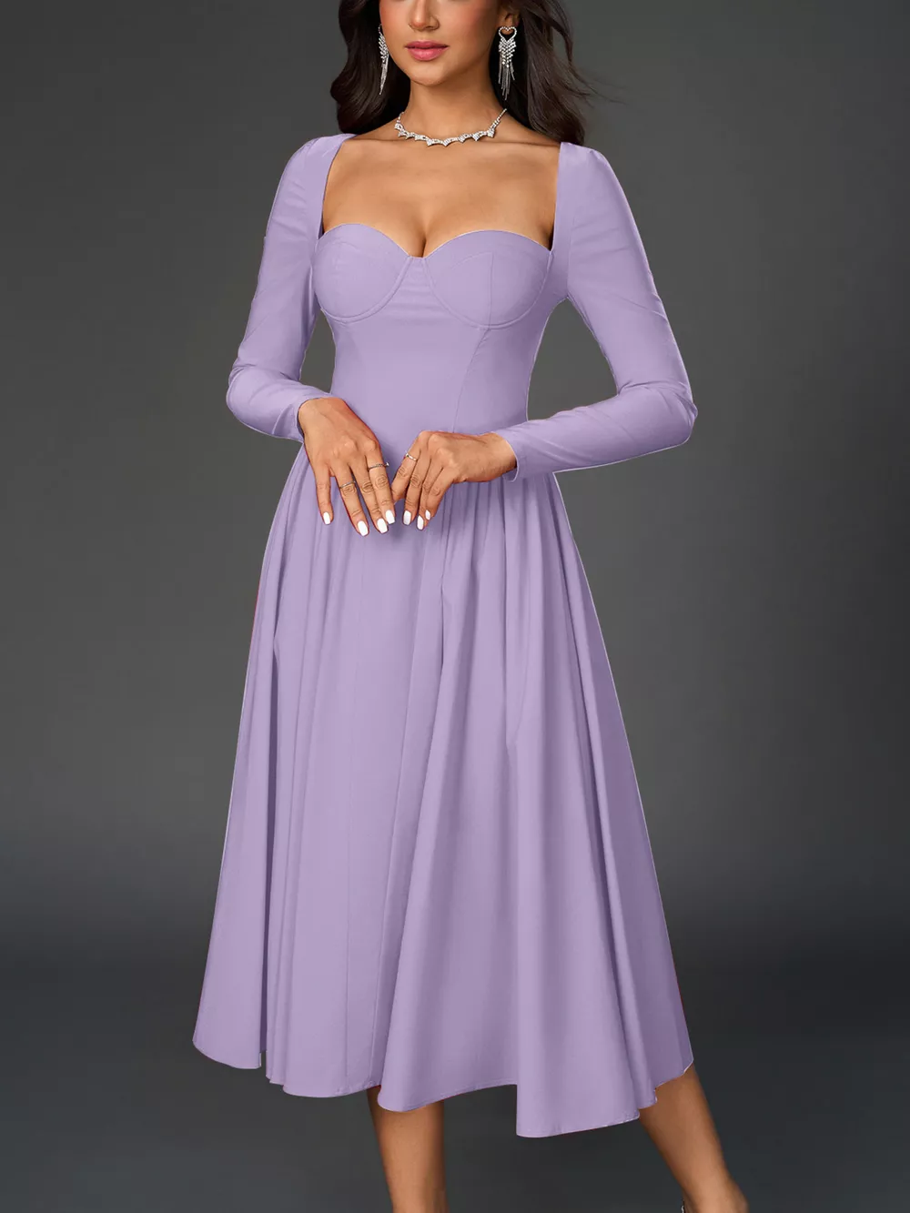 Sweetheart Neckline Long Sleeve A-Line Midi Dress, image 24