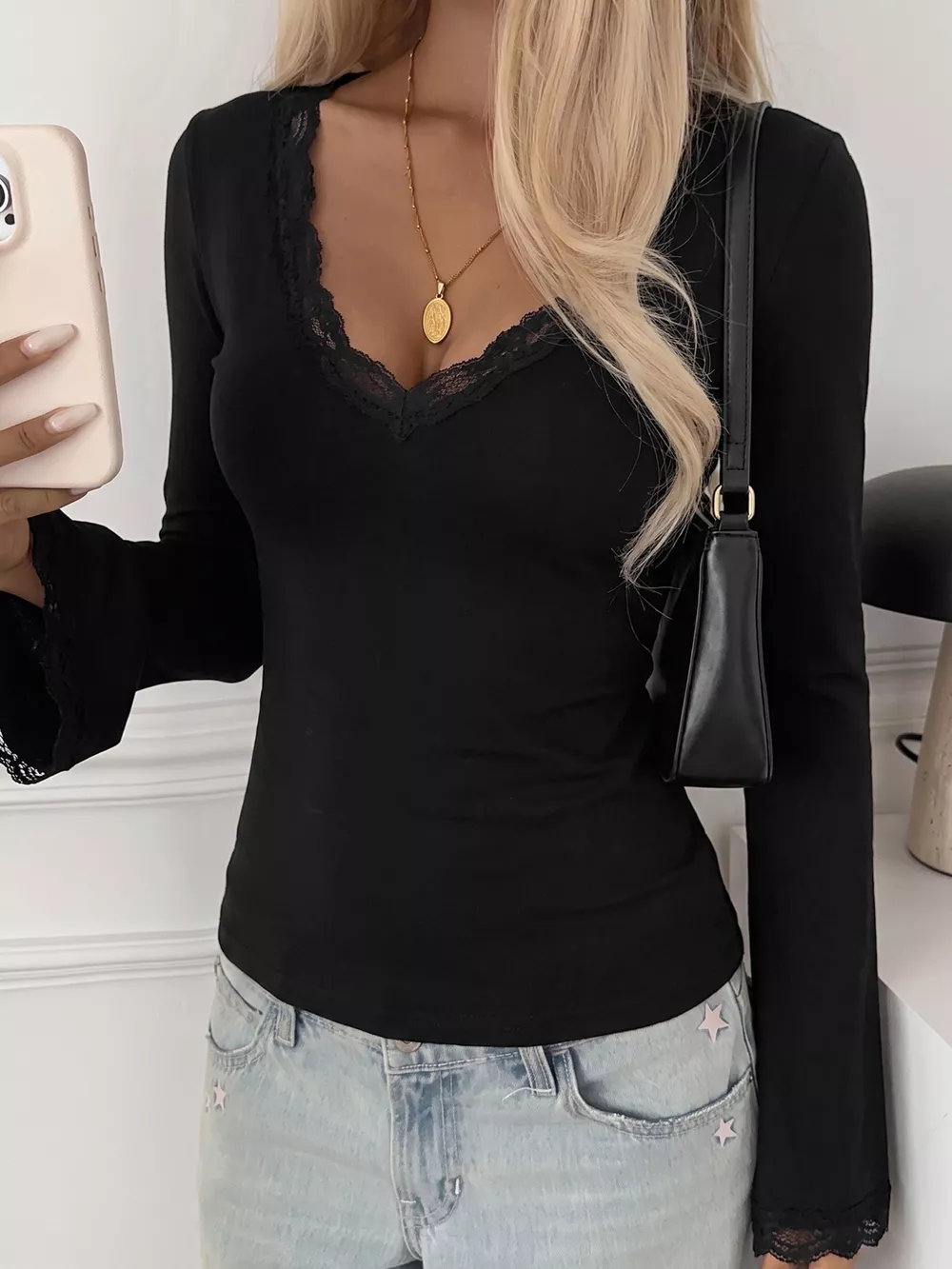 Elegant Lace Trim V-Neck Long Sleeve Slim Fit Top, image 4