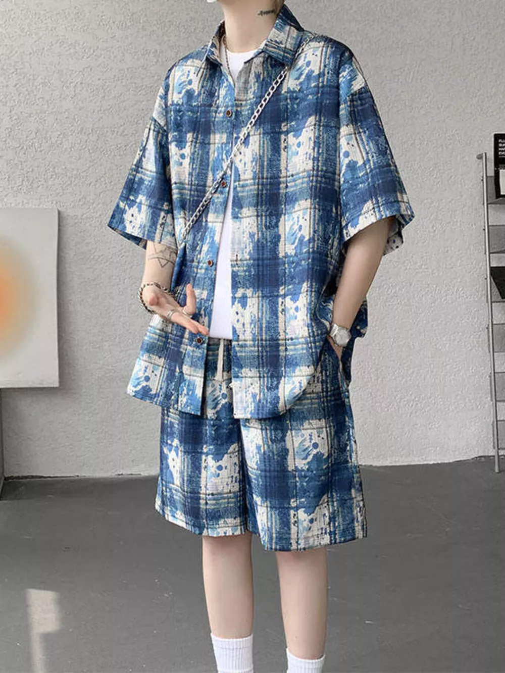Men's Plus Size Casual Plaid Print Shirt & Shorts Set, image 5