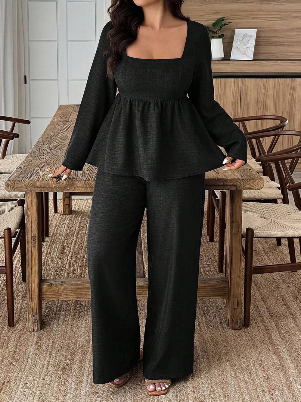 Plus Size Square Neck Long Sleeve Top and Pants Two-Piece Set, image 13