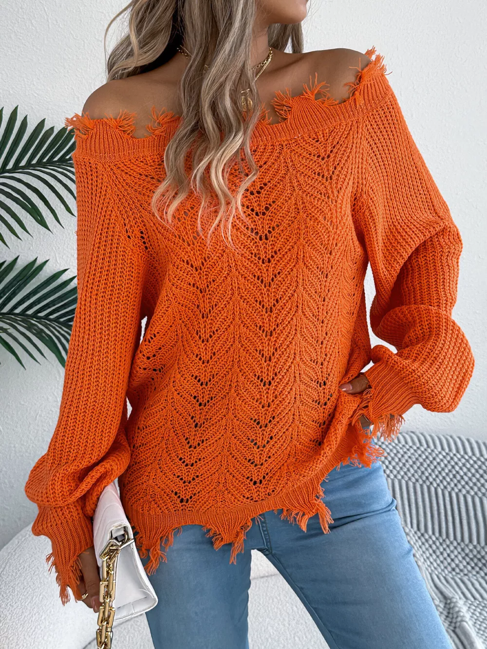 Distressed Hem Openwork Off-Shoulder Sweater, image 6