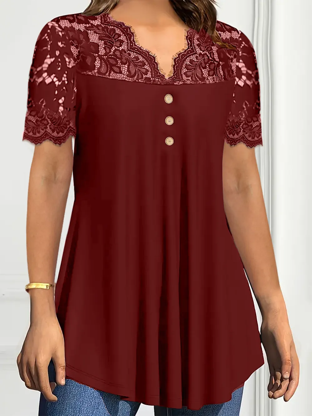 Lace Panel Short Sleeve Blouse, image 7