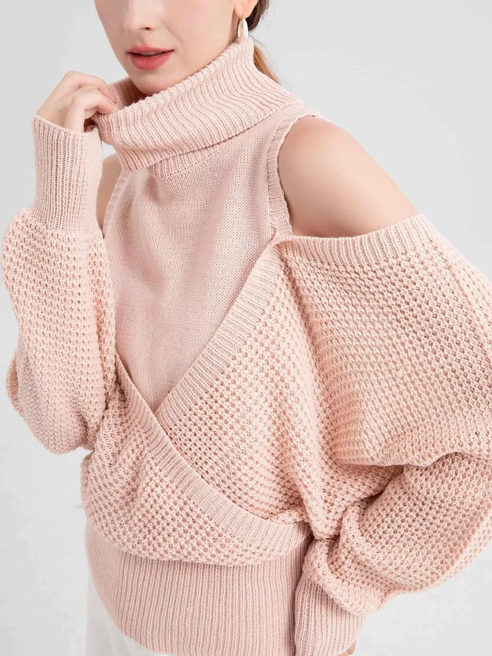 Waffle Knit Cold Shoulder Turtleneck Sweater, image 2