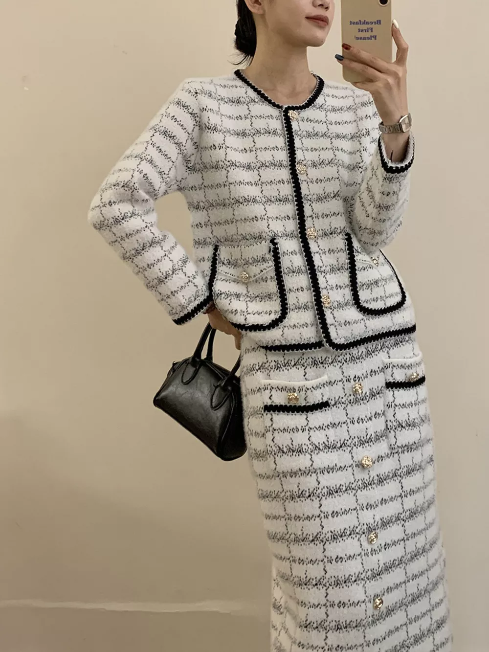 Tweed Contrast Trim Jacket and Skirt Set, image 9