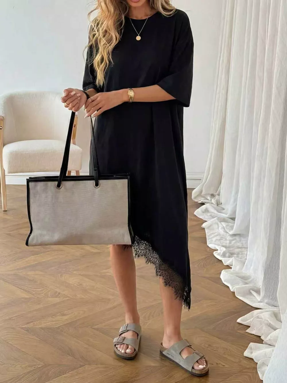 Lace Trim Asymmetrical Hem T-shirt Dress, image 11
