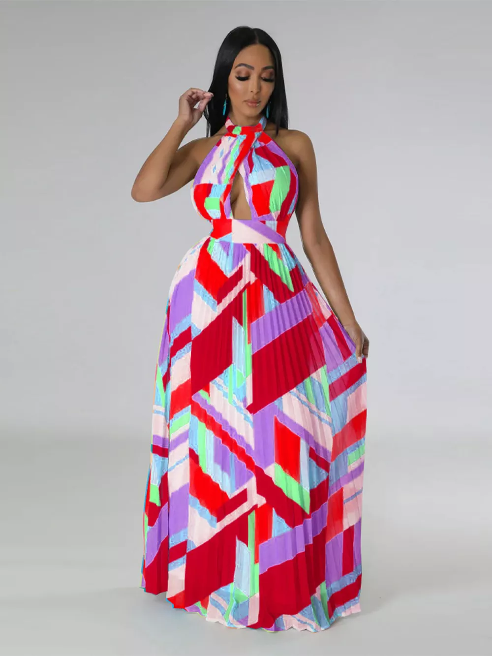 Halter Neck Geometric Print Pleated Maxi Dress, image 2