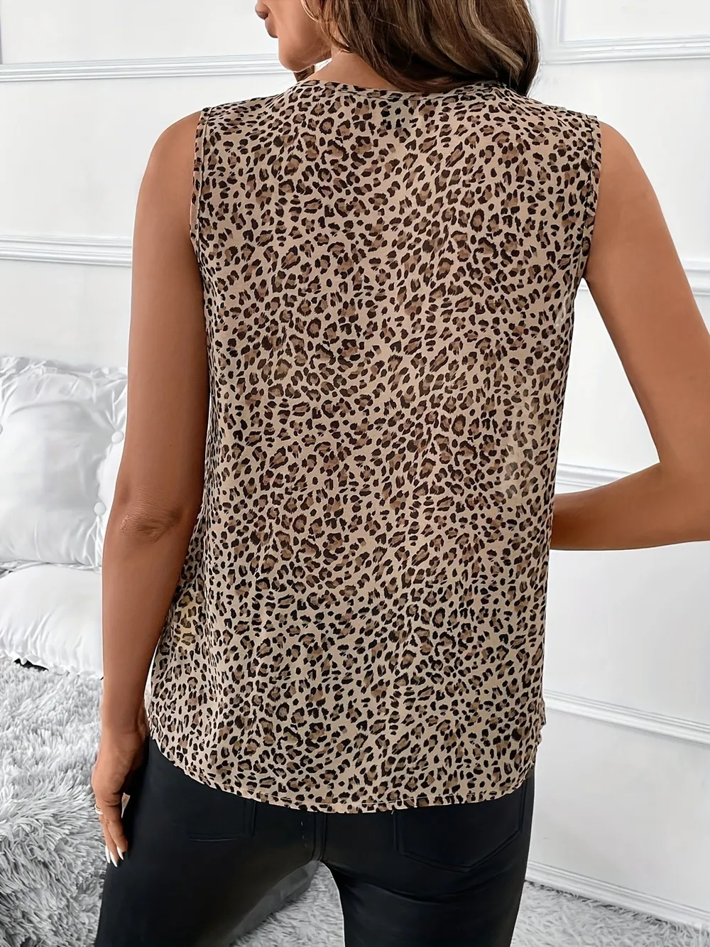 Leopard Print V-Neck Ruffle Tank Top, image 3