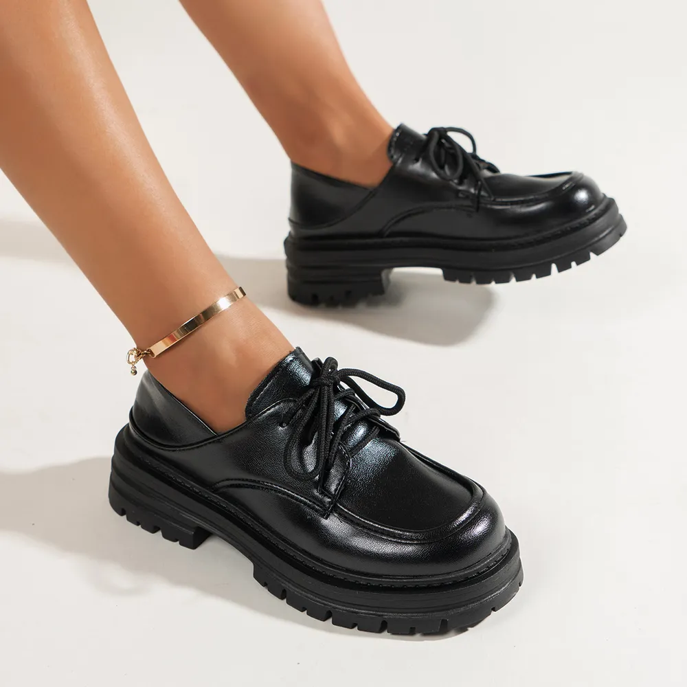 Leather Platform Loafers with Lace-Up Detail, image 3