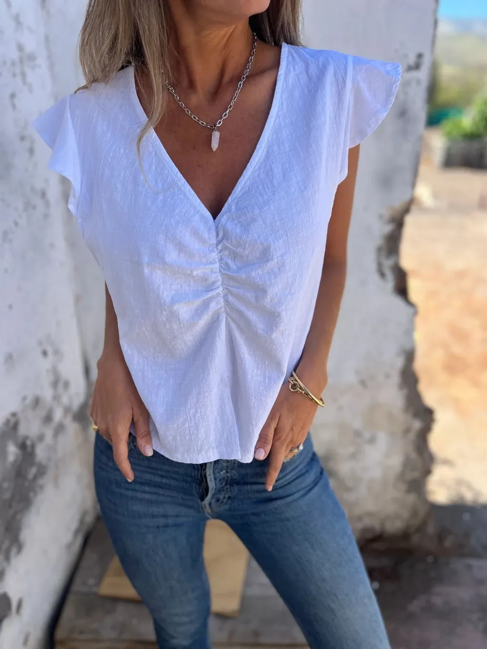Full Size Ruched V-Neck Cap Sleeve Blouse Plus Size, image 16