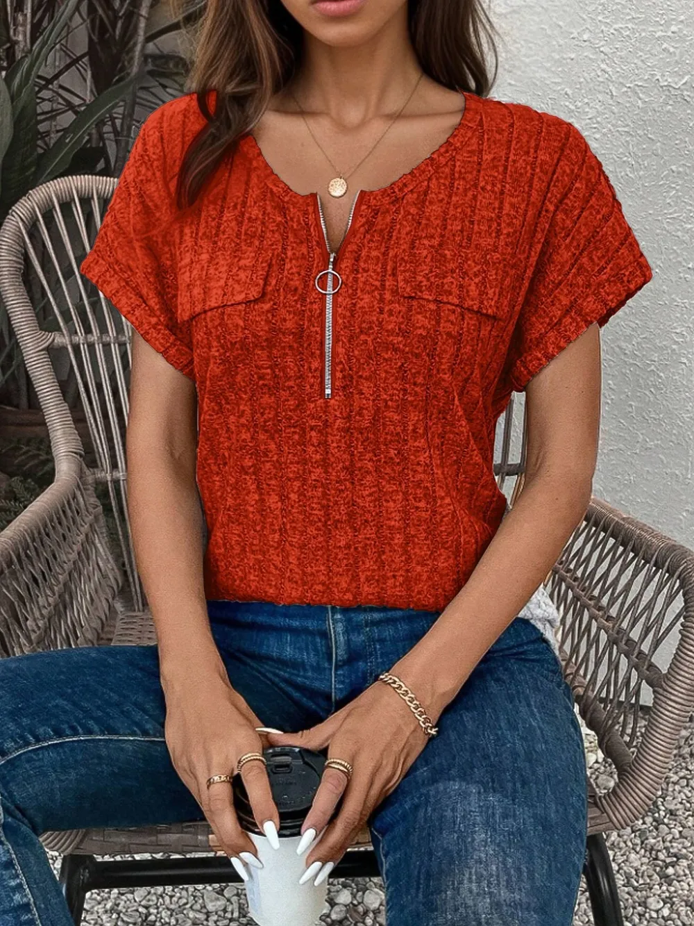 Zip-Front Short Sleeve T-Shirt, image 6