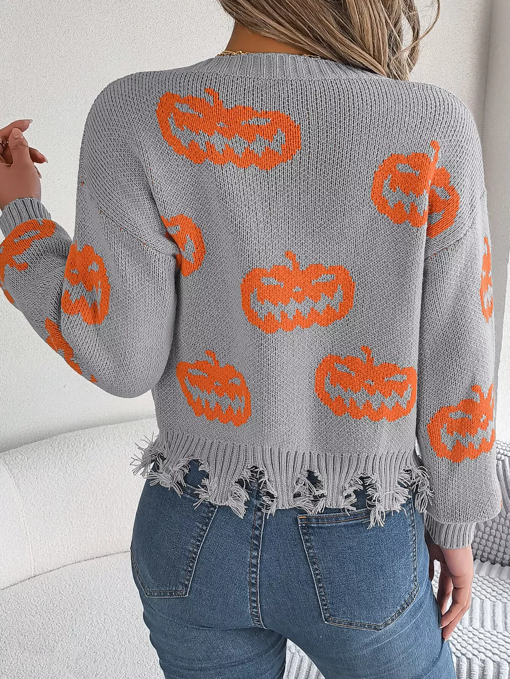 Halloween Pumpkin Pattern Raw Hem V-Neck Sweater, image 12