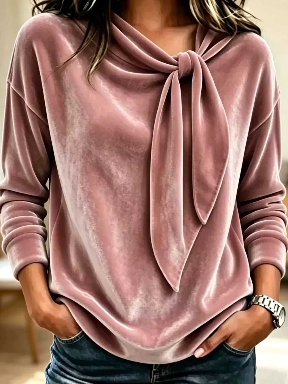 Velvet Tie-Neck Long Sleeve Sweatshirt, image 3