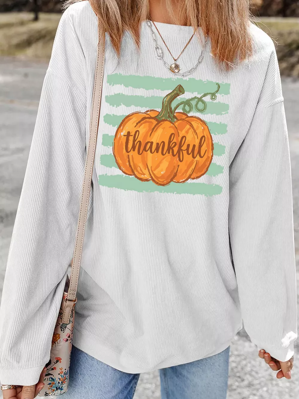 Thankful Pumpkin Ribbed Tunic Pullover Sweatshirt, image 2