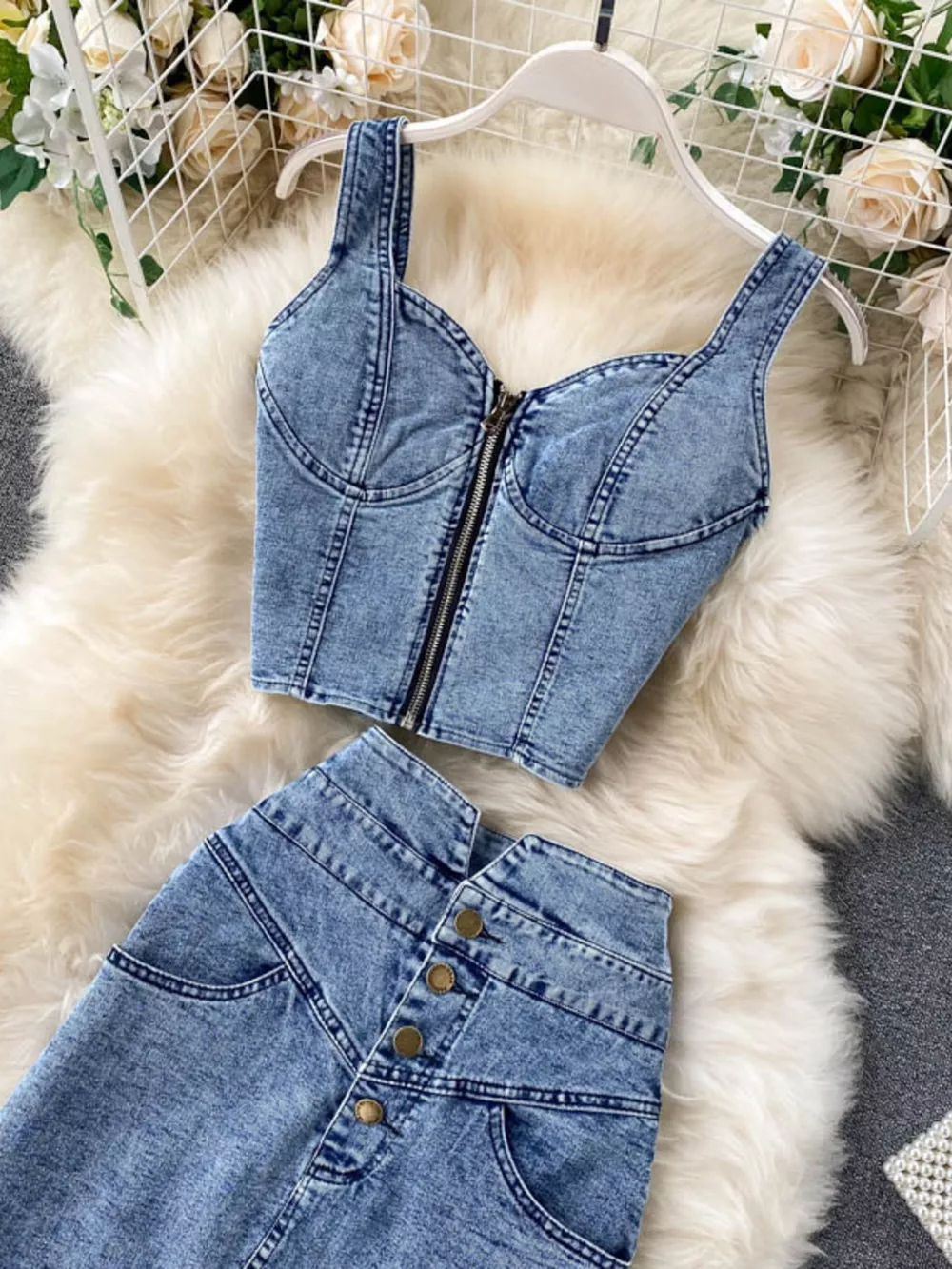 Zipper Top & Button Slit Skirt Denim Set, image 3