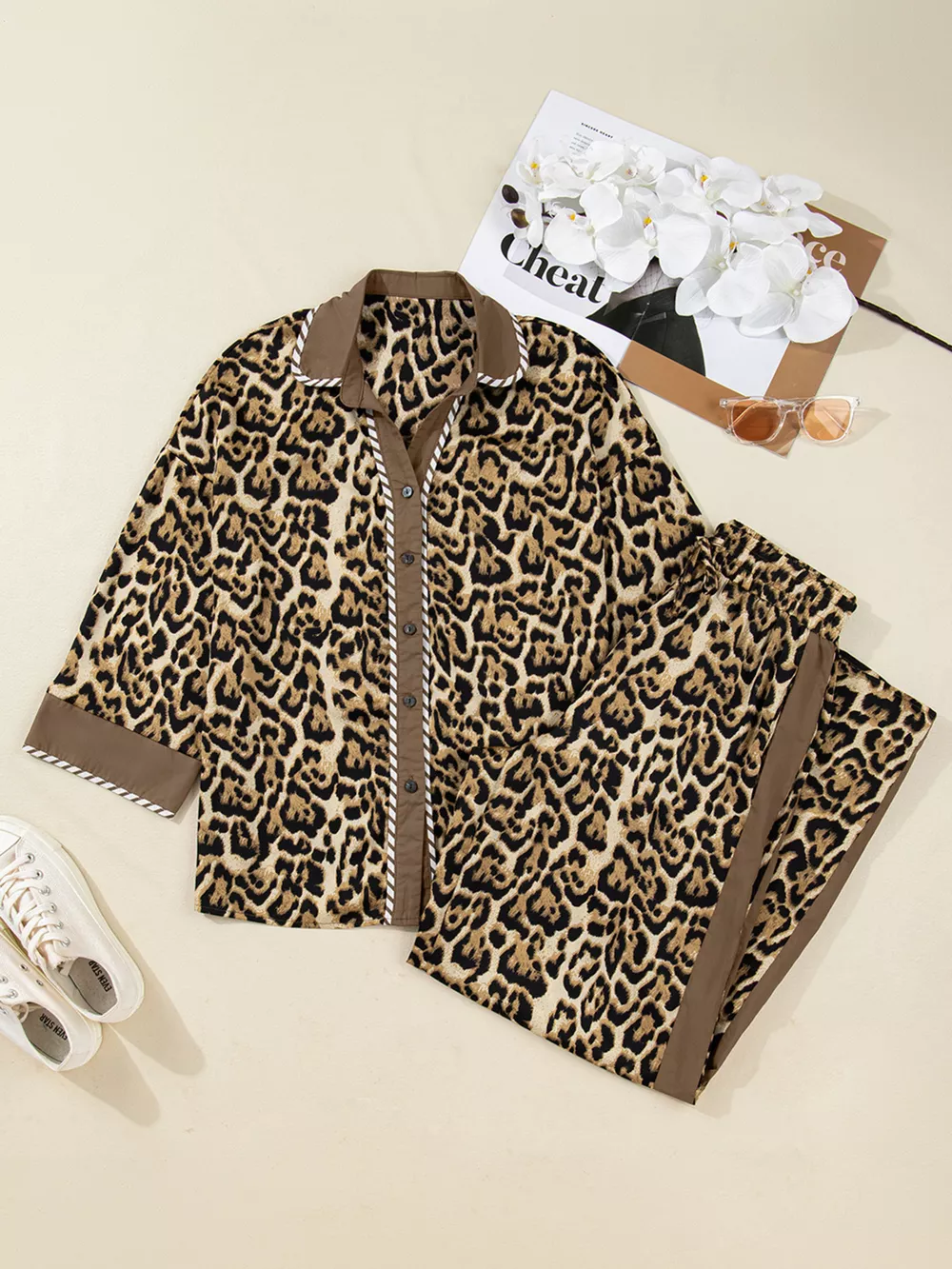 Leopard Collared 3/4 Sleeve Shirt and Loose Pants Two Piece Outfit Set, image 4