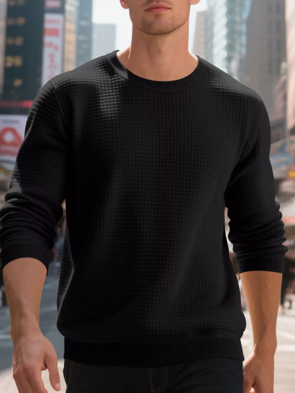Men's Full Size Classic Waffle-Knit Crew Neck Sweatshirt Plus Size