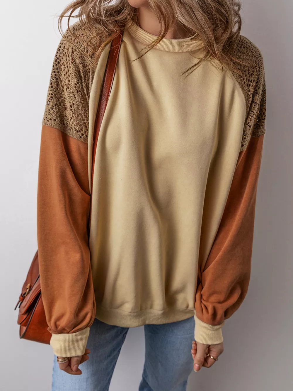 Lace Patchwork Colorblock Drop Shoulder Sweatshirt, image 2