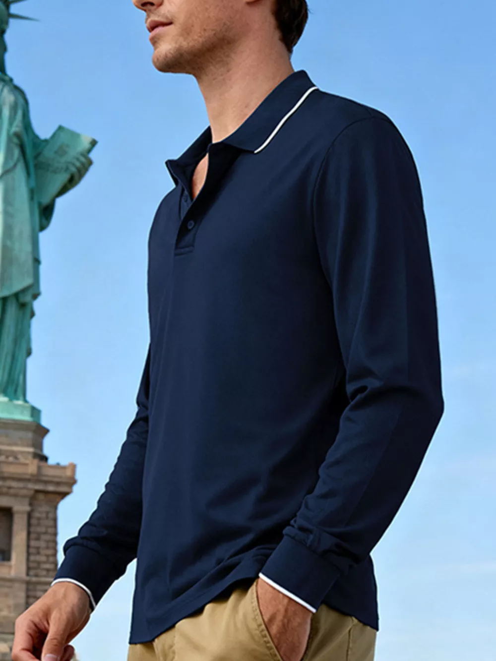Men's Full Size Classic Long-Sleeve Polo Shirt with Contrast Trim Plus Size, image 13