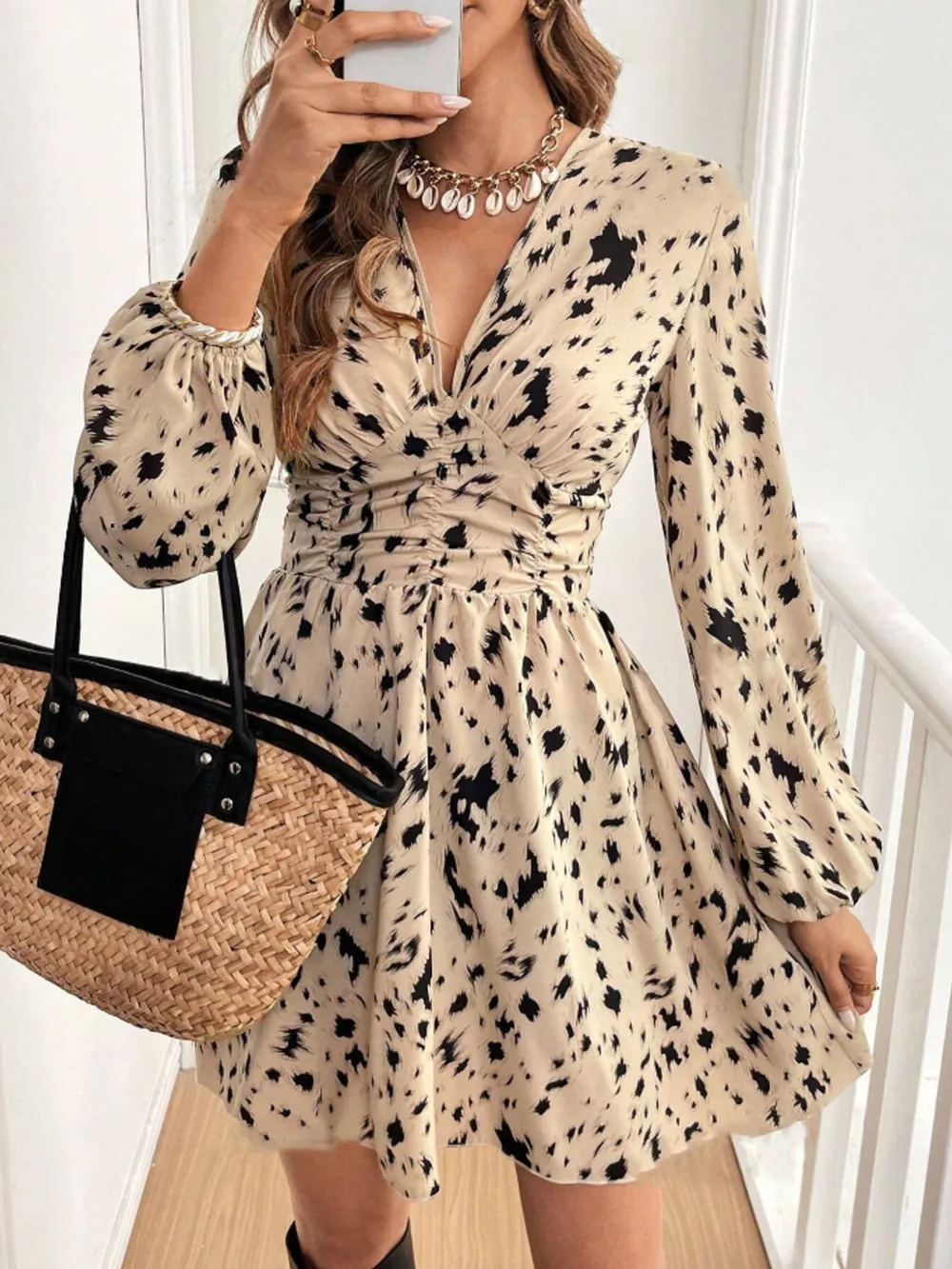 Printed Balloon Sleeve Mini Dress, image 5