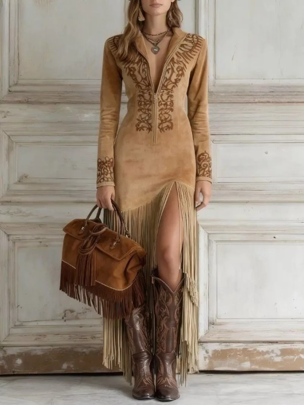 Full Size Western-Inspired Suede Fringed Maxi Dress with Embroidered Detailing Plus Size