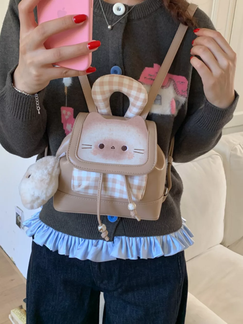 Cat Plaid Backpack Bag, image 6