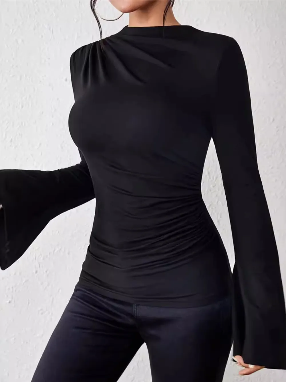 Bell Sleeve Ruched Fitted T-Shirt with Mock Neck, image 5