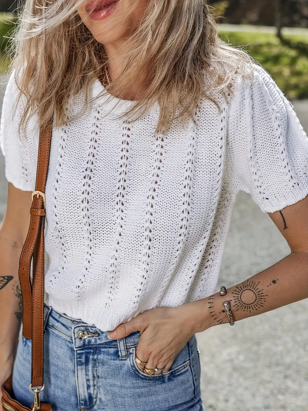 Openwork Round Neck Short Sleeve Sweater, image 3