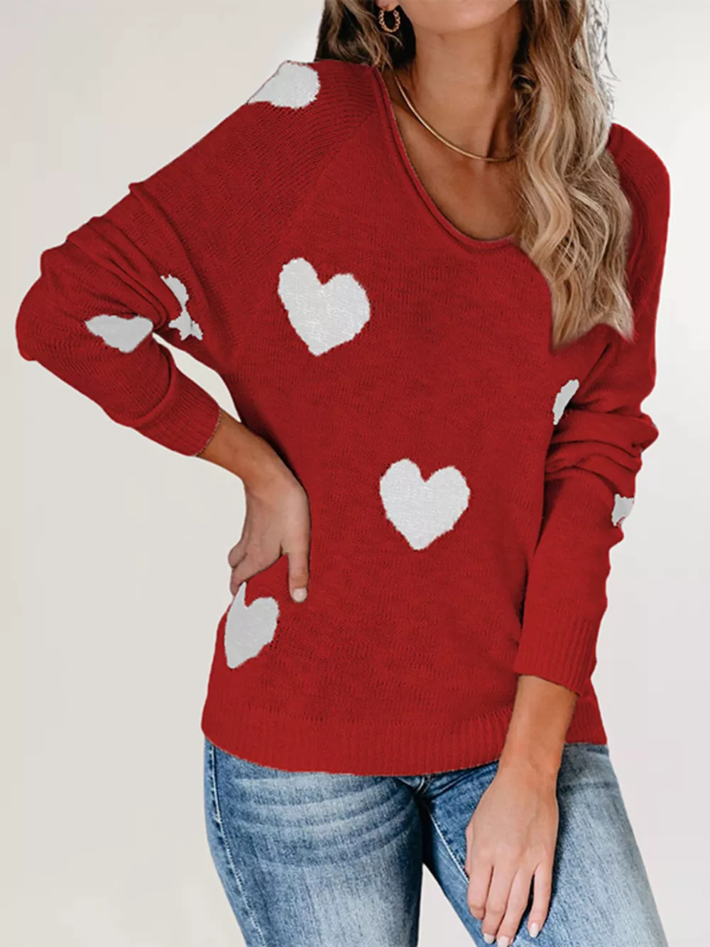 Heart Pattern V-Neck Sweater, image 10