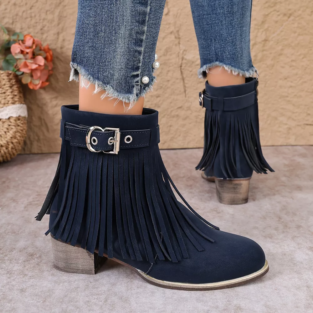 Fringe Ankle Boots with Buckle Detail, image 2