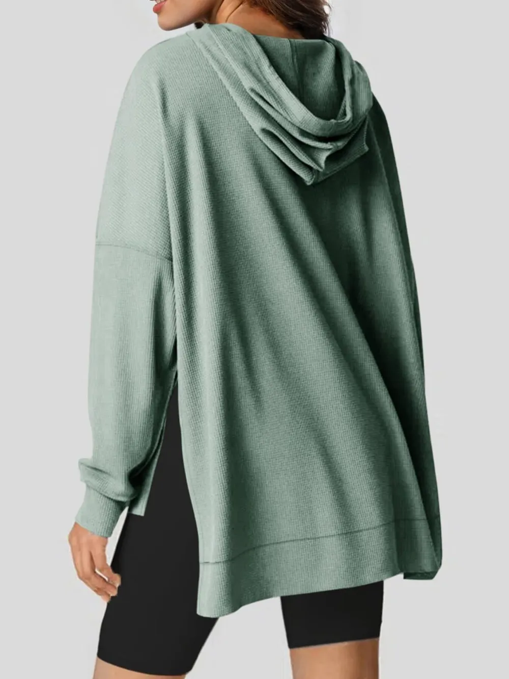 Slit Drawstring Waffle Knit Hoodie, image 14