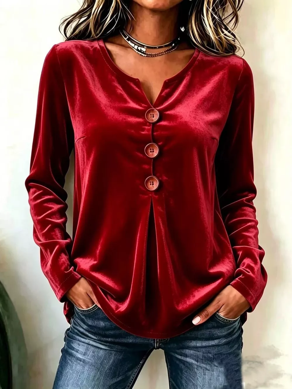 Elegant Velvet V-Neck Long Sleeve Button-Decor Blouse