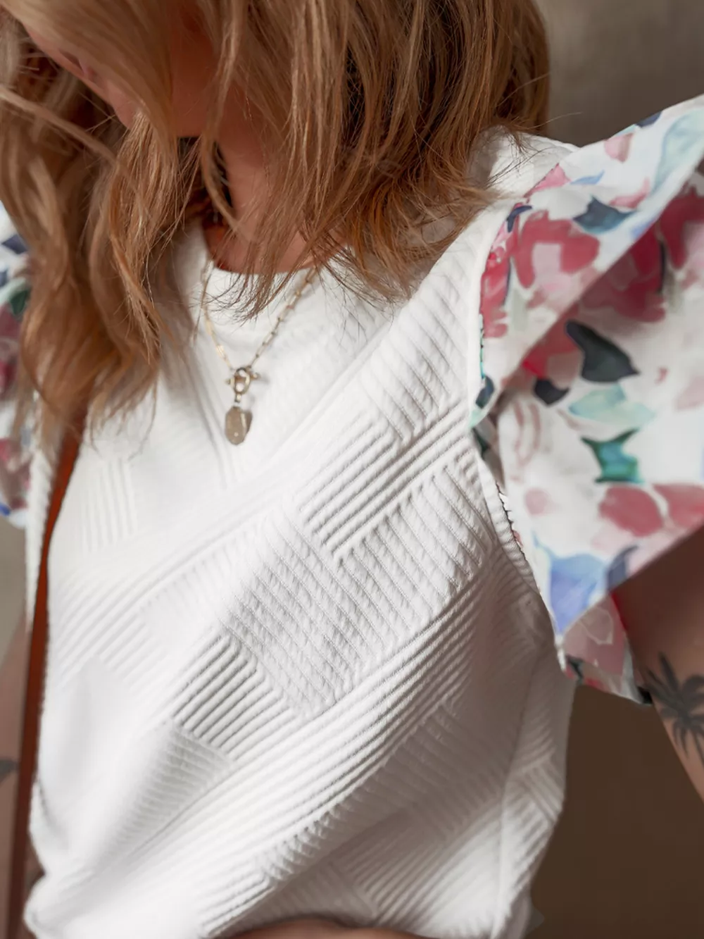 Abstract Print Tiered Ruffled Sleeve Textured Knit Top, image 7