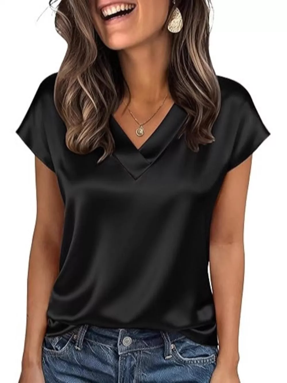Satin V-Neck Short Sleeve Blouse