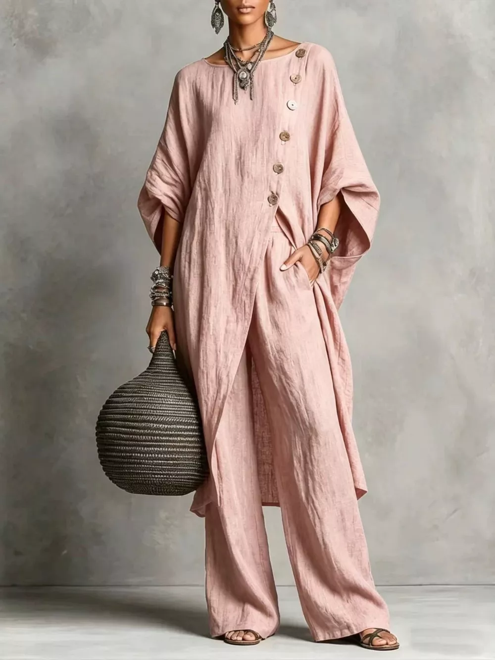 Full Size Asymmetric Button-Down Top and Wide-Leg Pants Set Plus Size, image 3