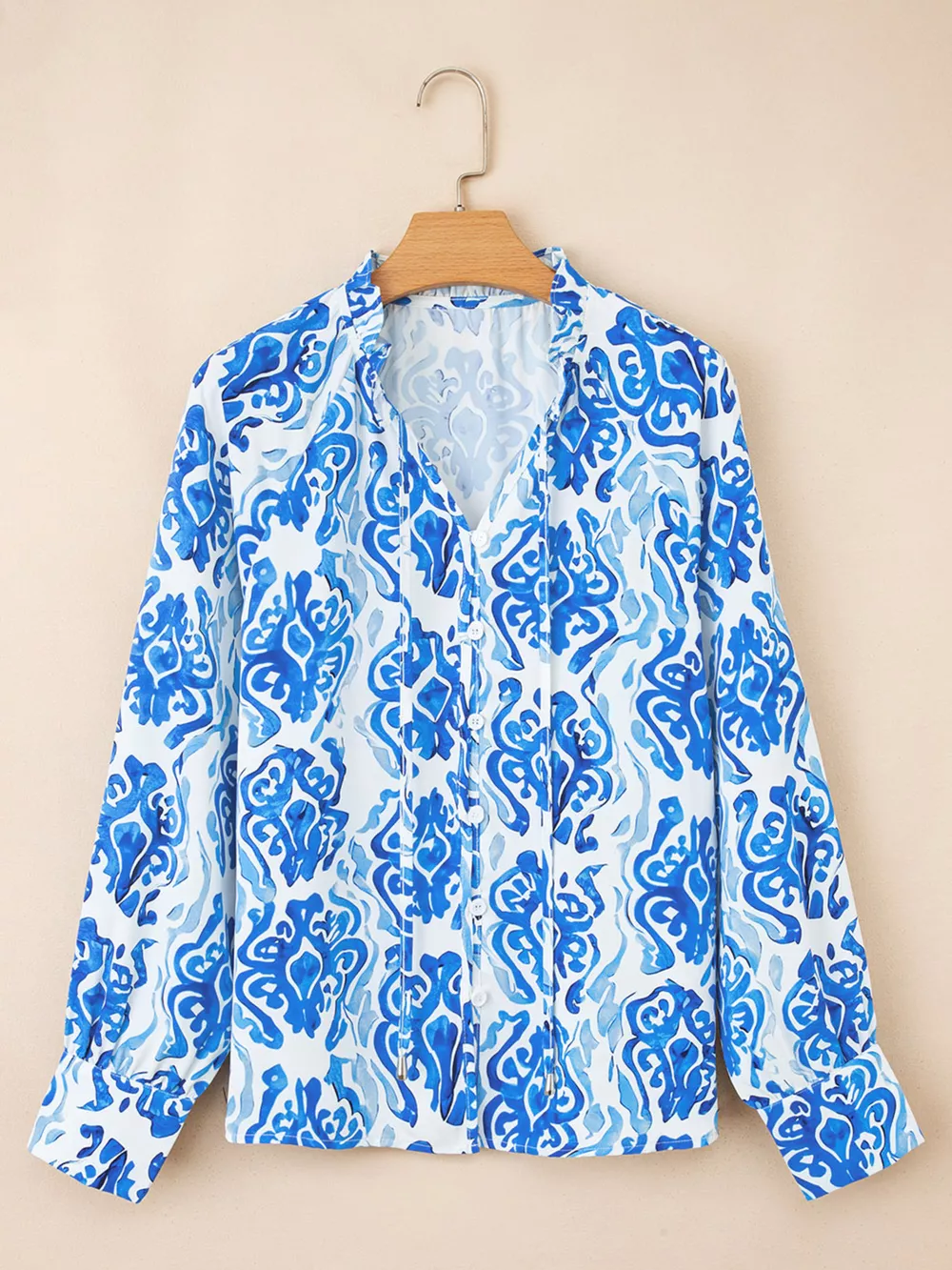 Printed Tie Split Neck Button Front Puff Sleeve Shirt, image 5