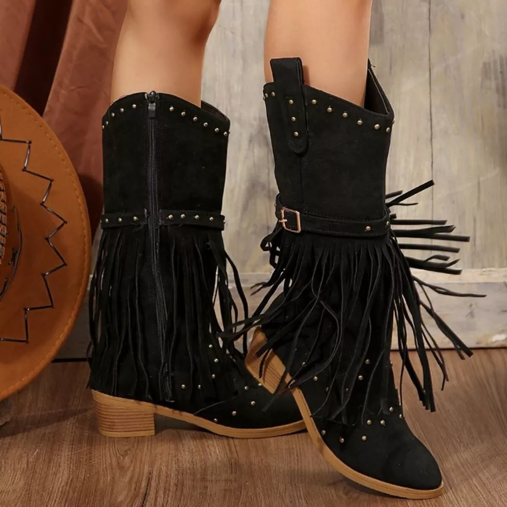 Fringe Point Toe Block Heels Boots, image 9