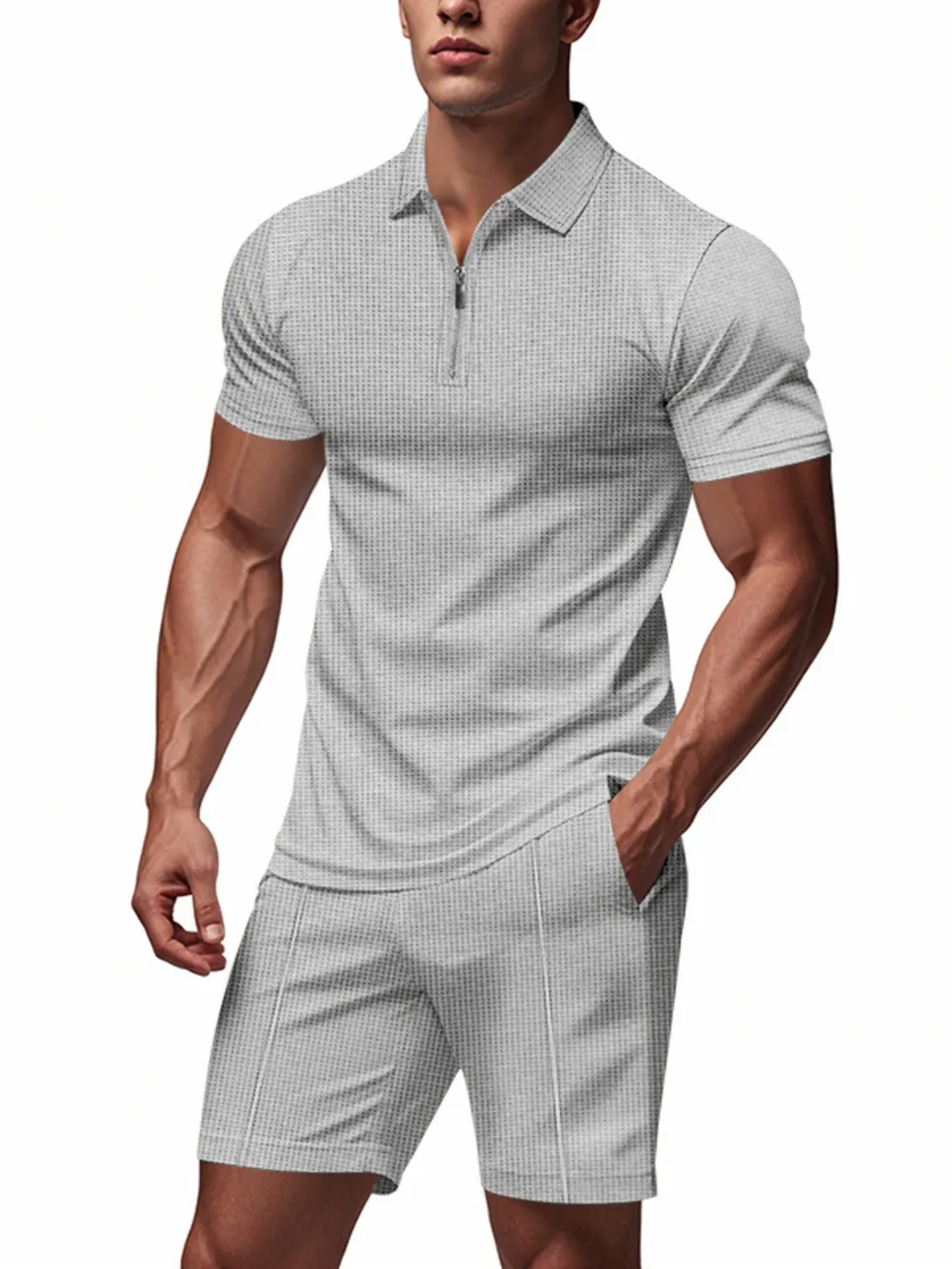 Men's Plus Size Quarter Zip Short Sleeve Top and Shorts Set, image 7